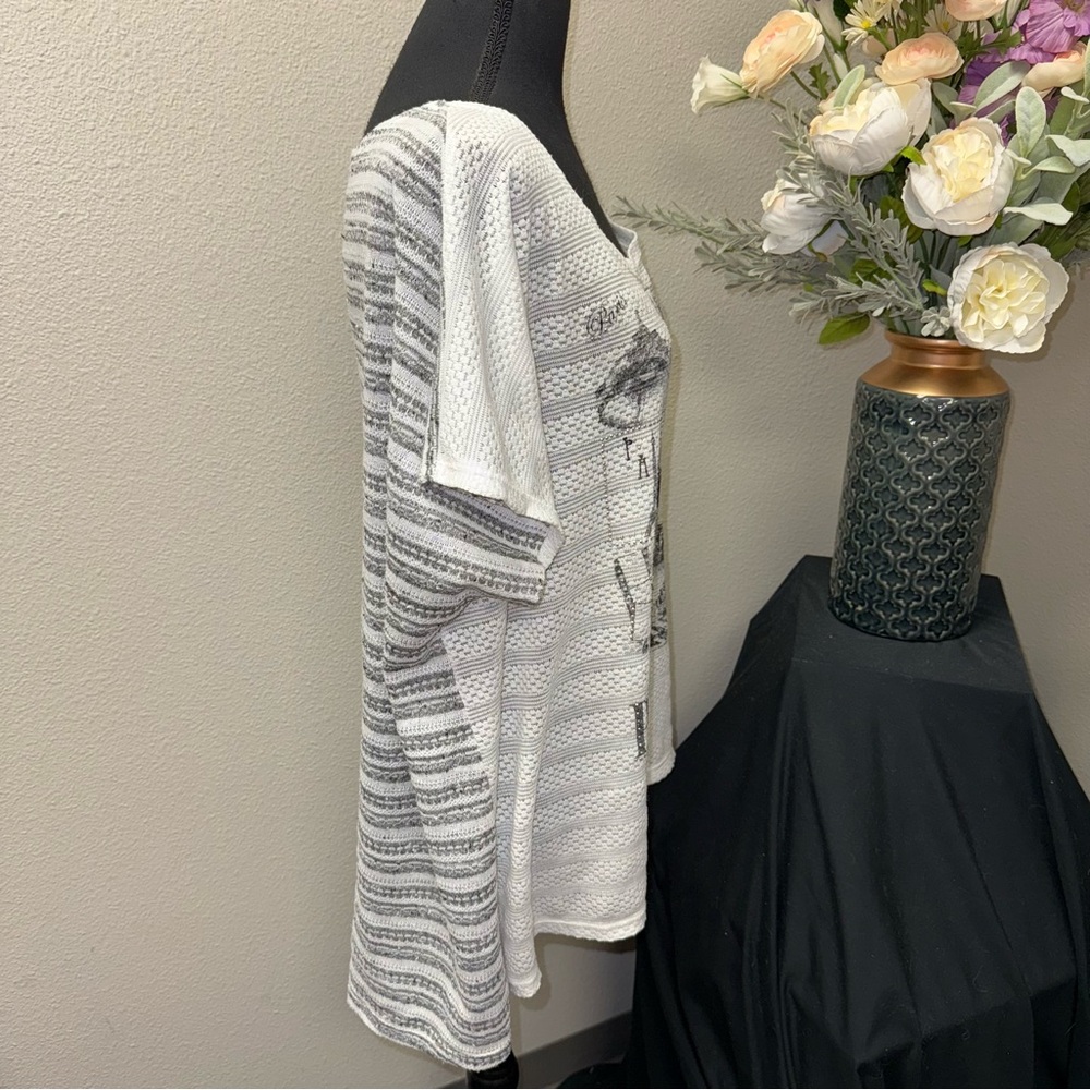 Cato Paris Eiffel Tower Knit Top Gray White Dolman Short Sleeve Blouse - Picture 4 of 9